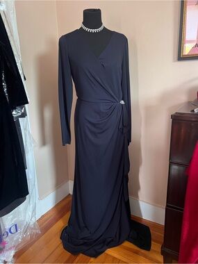 Ralph Lauren Navy Long-Sleeve Wrap Evening Dress with Side Brooch